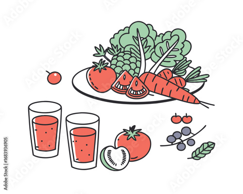 Healthy Eating Illustration with Fresh Vegetables and Fruit Juice for Wellness Promotion and Dietary Awareness campaign concept