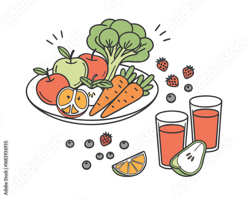 Delicious and Healthy Fruits and Vegetables Arrangement for Refreshing Juices and Snacks Promoting Wellness and Balanced Diet