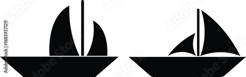Black sailboat silhouette icons set two style, simple vector boats with sails for travel, adventure, and nautical design