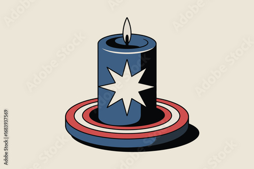 Patriotic candle with star emblem on a red white and blue striped candle holder