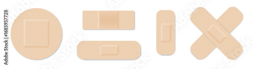 Medical plasters. Bandages set. Adhesive bandage for first aid for wounds operations and skin injuries. Protecting open wound from infection. Vector