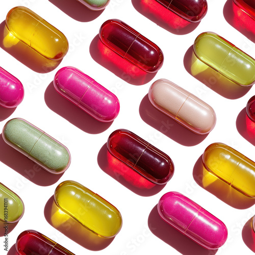 Colorful capsules and pills arranged diagonally on transparency background, showcasing vibrant shades of yellow, pink, red, green, and beige with soft shadows creating lively and dynamic pattern