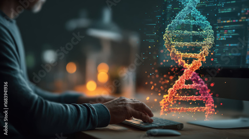 Genetic analysis DNA helix bioinformatics data science computer coding laboratory research with focus and curiosity on screen and workspace
