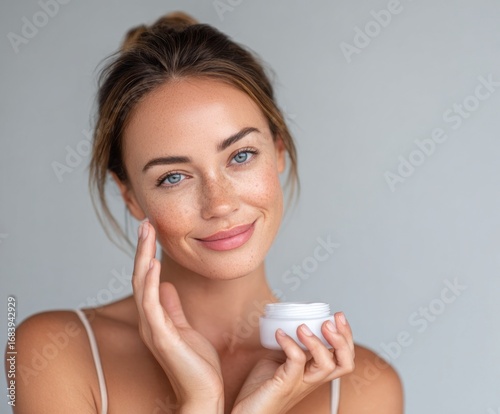 A woman with a cheerful expression applies facial cream to her cheek, showcasing healthy, glowing skin against a simple backdrop.