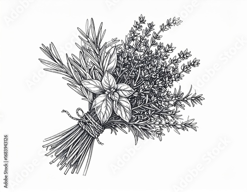 Monochrome Herb Bouquet of Rosemary Thyme and Basil Tied Together in Rustic Style