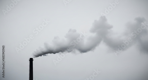 A tall smokestack emitting dark smoke against a gray sky in a stark industrial landscape view of pollution ai generated