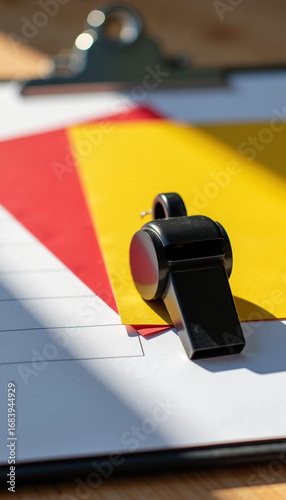 School referee whistle on clipboard with red and yellow cards.  Sports equipment for school physical education class, including whistle and penalty cards.