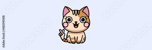 Kawaii cat with peace sign, sparkly cheeks and wide open eyes