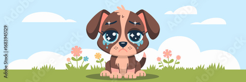 Sad puppy with sparkly eyes and tears sitting on grassy field
