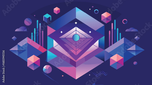 Geometric Abstract Art: Purple, Pink, and Blue 3D Shapes