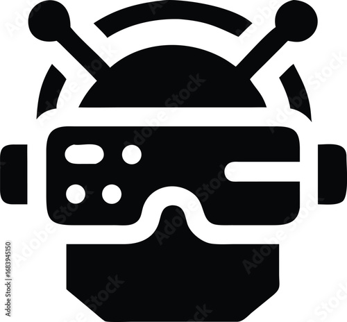 Stylized black and white icon of a person wearing vr goggles with antennae, representing virtual reality technology