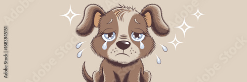 Sad puppy with sparkling eyes, tears and floppy ears on beige