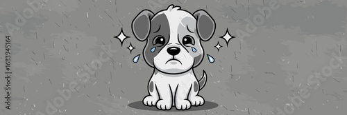 Sad puppy with sparkly eyes and tears sitting on textured background
