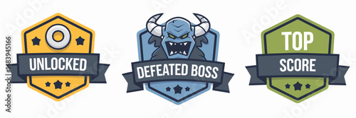 Gaming badge set with unlocked defeated boss and top score icons