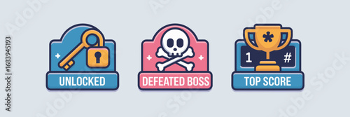 Vector set of gaming badges with padlock skull trophy and number 1