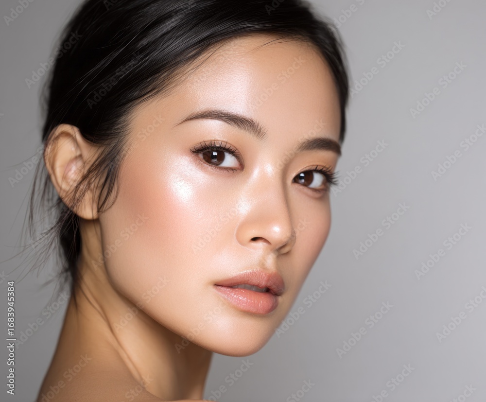 Fototapeta premium Close-up portrait of a woman with luminous, glowing skin and subtle makeup, highlighting healthy, radiant complexion.