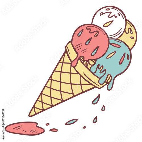 Melting ice cream cone with three scoops of different flavors dripping on a