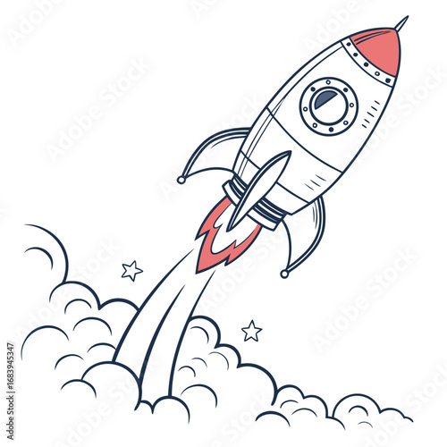 Hand drawn rocket ship blasting off into space with stars and clouds