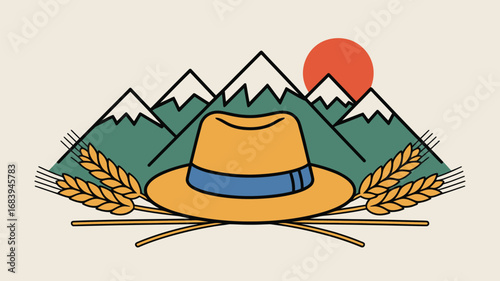 Graphic design featuring a hat wheat mountains and sun in a vintage style