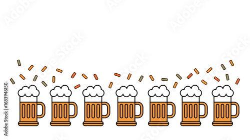 Row of beer mugs with foam and confetti for celebration or party background design