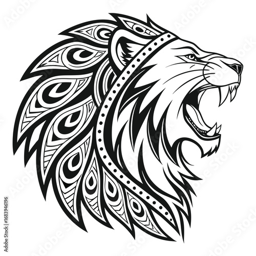 Roaring lion head with tribal mane