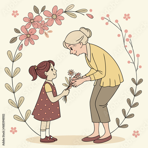 Grandmother & Granddaughter: Spring Flowers, Family Love Illustration