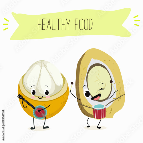 Platonia insignis, bacuri, funny characters, hand drawn vector illustration.