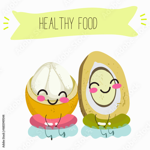Platonia insignis, bacuri, funny characters, hand drawn vector illustration.