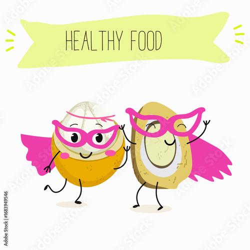 Platonia insignis, bacuri, funny characters, hand drawn vector illustration.