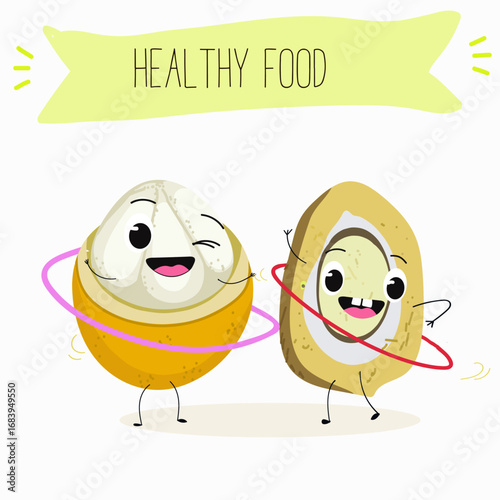 Platonia insignis, bacuri, funny characters, hand drawn vector illustration.