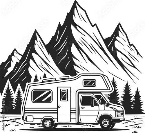 Mountain landscape with a motorhome driving a scenic highway toward a campsite