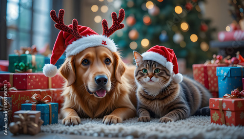 Wallpaper Mural Adorable Dogs and Cats in Christmas Hats with Gifts.A heartwarming image of a golden retriever and a tabby cat wearing festive Santa hats and reindeer antlers, nestled amongst colorful Christmas prese Torontodigital.ca