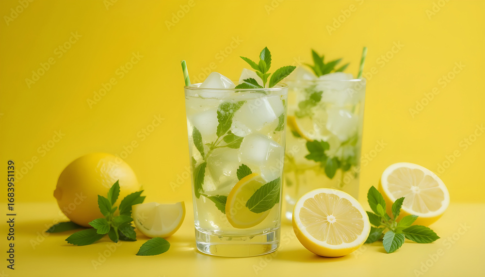 Fototapeta premium Refreshing Lemon-Mint Iced Tea in Glass Glasses on a Yellow Background.Two glasses of vibrant lemon-mint iced tea, filled with ice cubes, garnished with fresh mint leaves and lemon slices, sit against