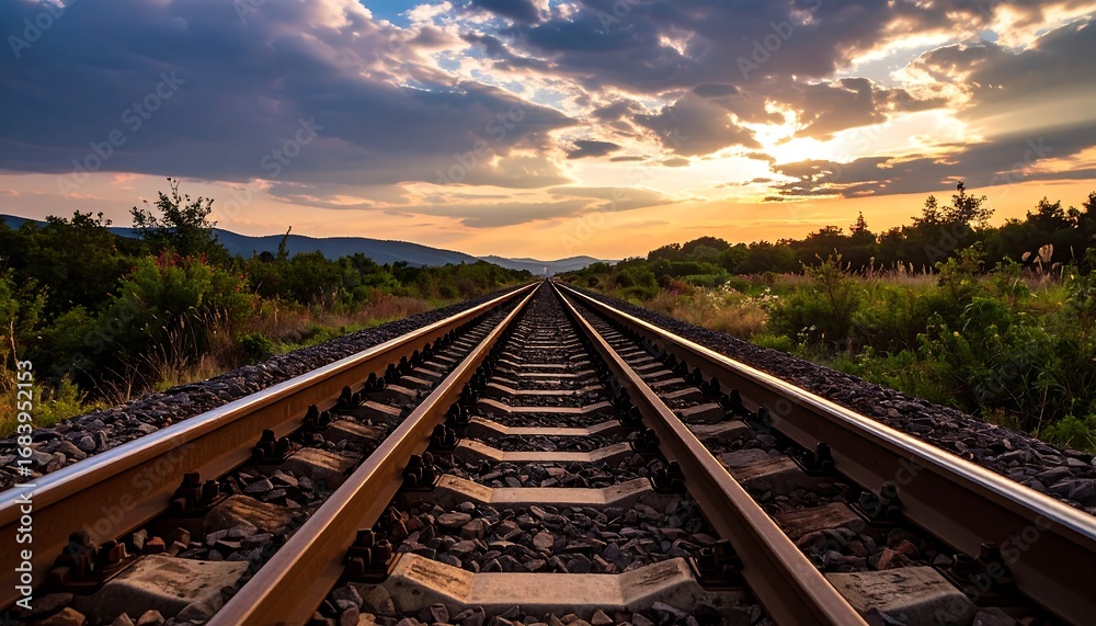 Obraz premium Railroad tracks extend into a sunset