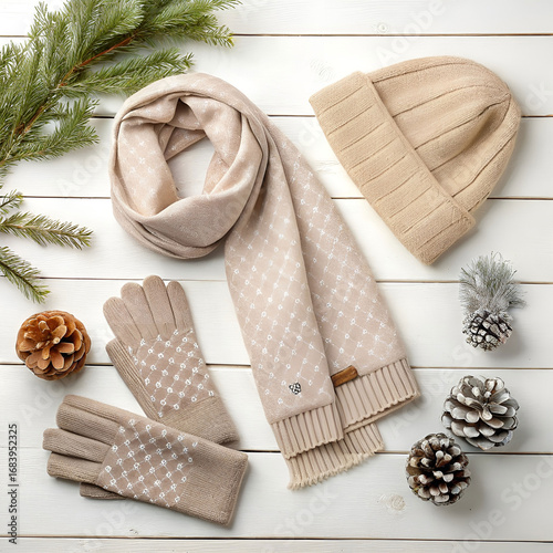 flatlay of winter accessories neutral colored sca