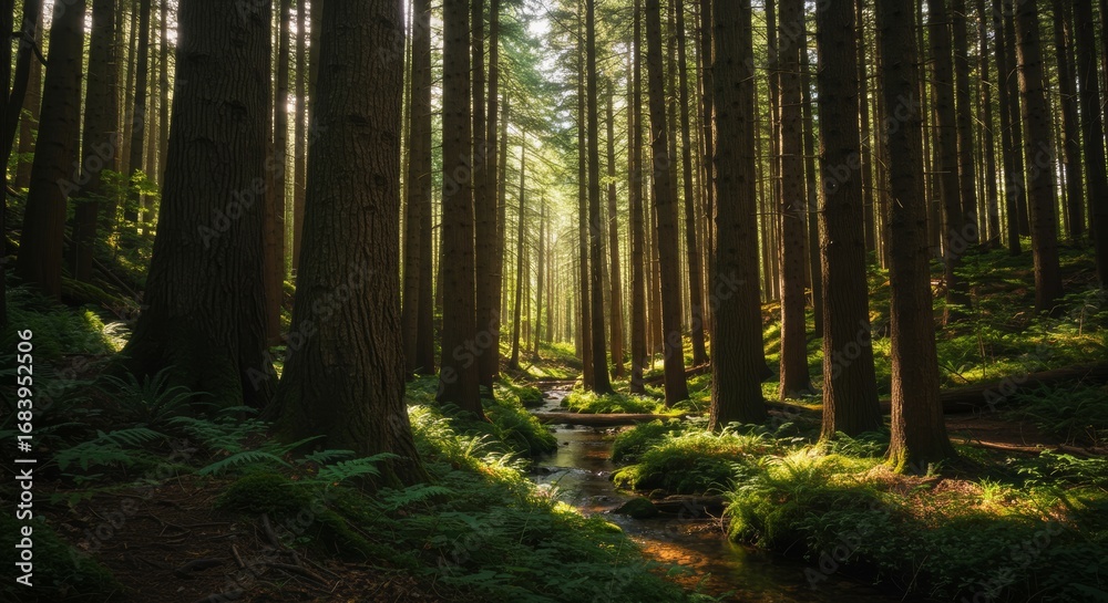 Obraz premium Sunlight Filtering Through Pine Forest with Stream