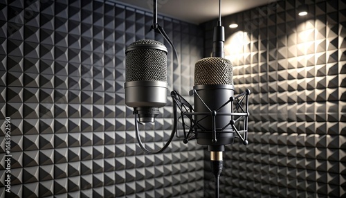 Two Microphones Hanging in Professional Recording Studio for Audio Production