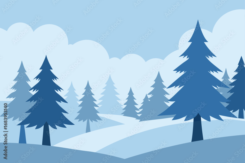 Naklejka premium A cold winter forest landscape with snow-covered pine trees and a festive holiday scene