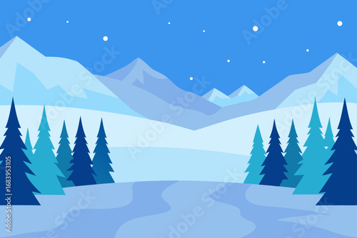 White snowy winter landscape with frozen pine trees on a cold mountain ski slope
