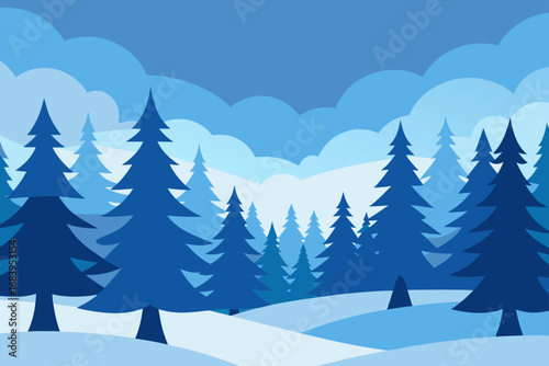 A cold winter landscape with snow-covered trees and pine forests creates a festive holiday scene