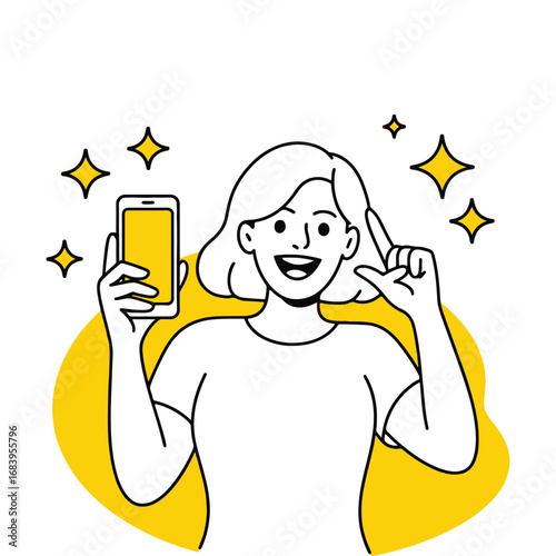 Happy woman holding smartphone with sparkles illustration
