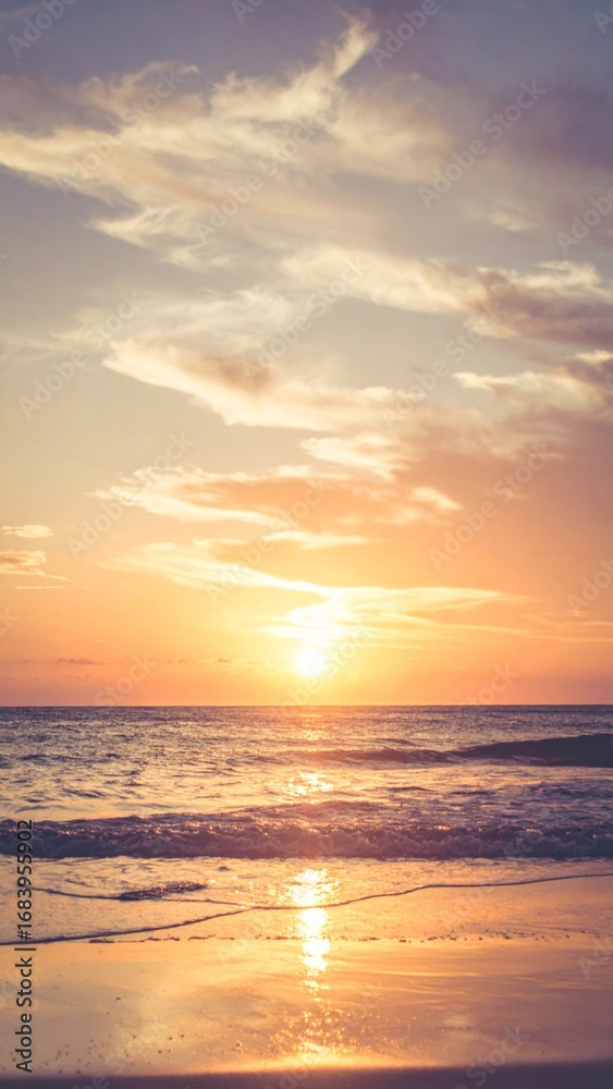 Obraz premium Warm Sunset Reflection on Tranquil Beach Coastline Ocean Water and Cloudy Sky