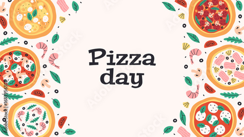 Hand drawn Italian pizza design for banner, background, card, poster, menu. Vector illustration in trendy flat style