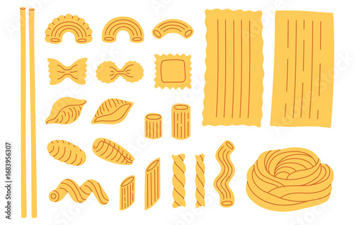 Different types of pasta. Hand drawn doodle macaroni, farfalle, penne, fusilli, stellino, ruot, ditalini. Italian cuisine gourmet food elements. Vector illustration in trendy flat style
