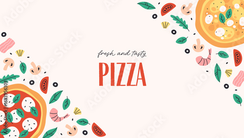 Hand drawn Italian pizza design for banner, background, card, poster, menu. Vector illustration in trendy flat style