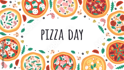 Hand drawn Italian pizza design for banner, background, card, poster, menu. Vector illustration in trendy flat style