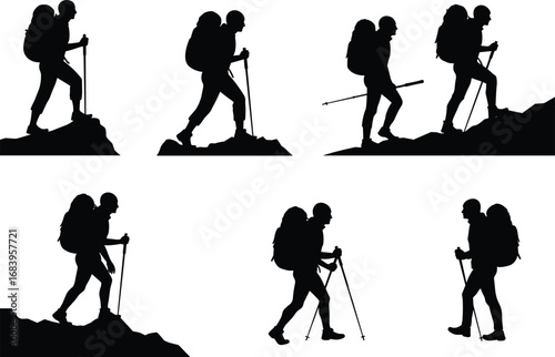 Black silhouette vector illustration of hikers climbing mountains, trekking with backpacks and poles, outdoor adventure travel, camping, mountaineering and wilderness exploration design