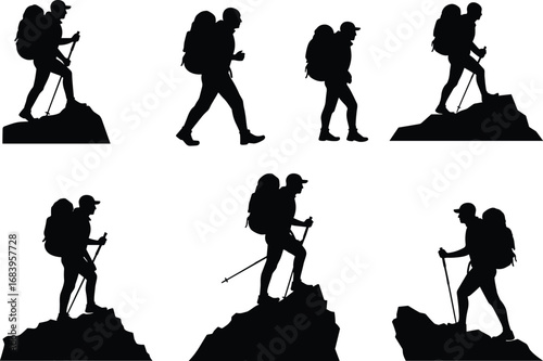 Black silhouette vector illustration of hikers trekking mountains, climbing with backpacks and poles, outdoor wilderness adventure, camping, hiking travel and exploration design