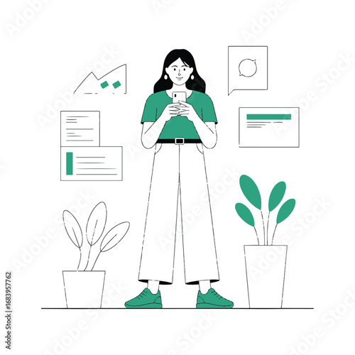 Young woman using smartphone with data charts and infographic elements illustration