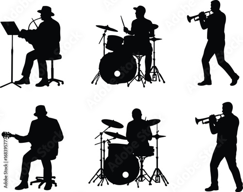 Black silhouette vector illustration of musicians playing instruments, drummer on drum set, guitarist, trumpet player, music band performance and live concert design